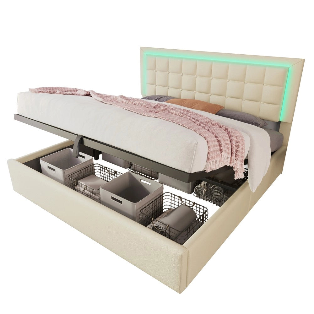Letto Contenitore Imbottito con LED ¨C Xylo ¨C Similpelle Bianco, 160x200, con Materasso