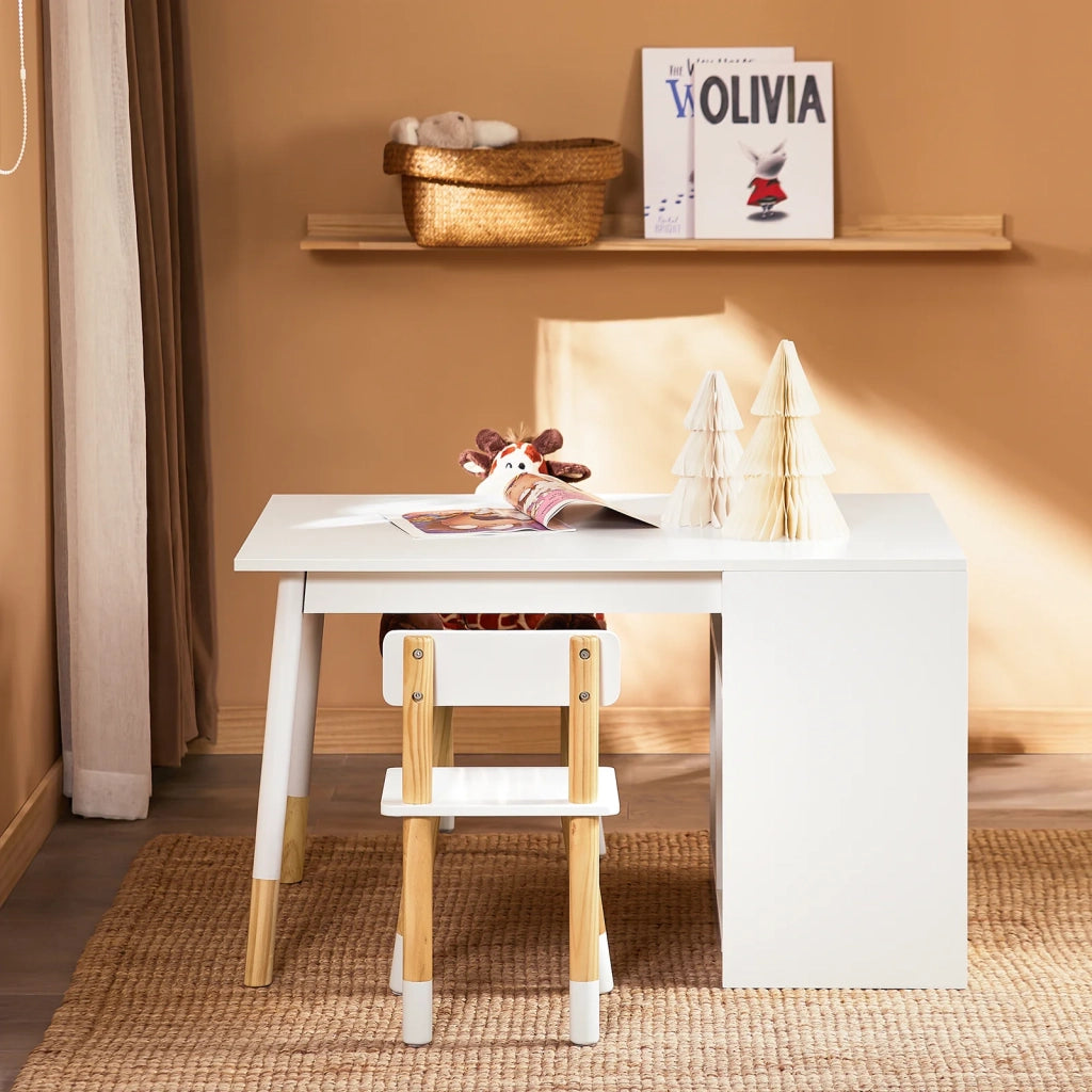 SoBuy Tavolo per bambini con 2 sgabelli Set mobili per bambini Tavolo con spazio di archiviazione Bianco 90x60x53cm KMB113-W