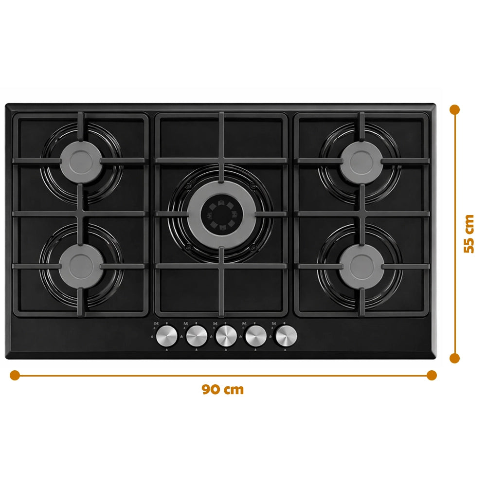 Piano Cottura 5 Fuochi Gas da Incasso 90x55cm in Acciaio Nero e Ghisa per Cucina