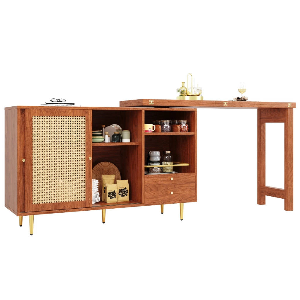 Tavolo Bar Girevole 360¡ã con Anta in Rattan e Ripiano ¨C MINIMAL ¨C Legno Marrone 107x40x71