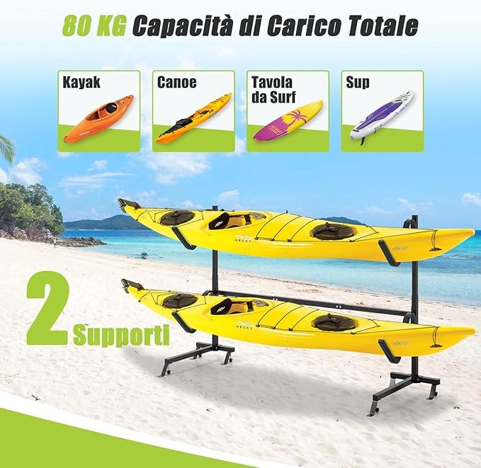 Porta-Kayak Autoportante, Rastrelliera per Kayak con Base Larga, Piedi Regolabili e Coperture Imbottite, Scaffale autoportante per Canoa per SUP e Canoe, Portata 80 kg