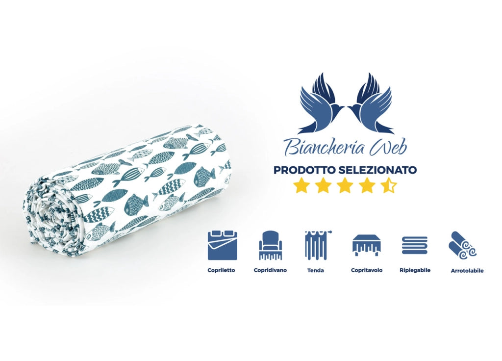 Telo Arredo Granfoulard Copritutto Cotone Made Italy Vari Disegni Arredatutto Copriletto Multiuso - 1 Piazza - Pesci Ottanio