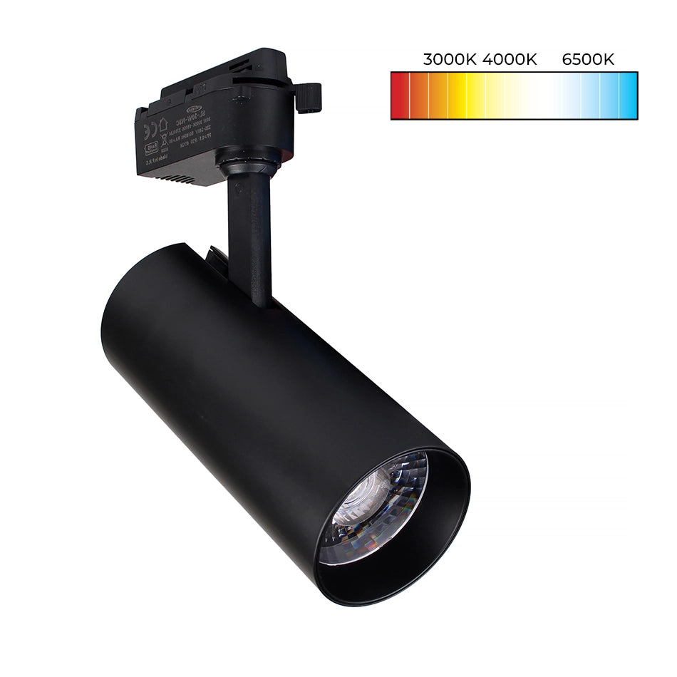FARETTO LED ORIENTABILE SU BINARIO MONOFASE IN ALLUMINIO NERO 30W - TRIPLA TEMPERATURA DI COLORE 3000K-4000K-65000K