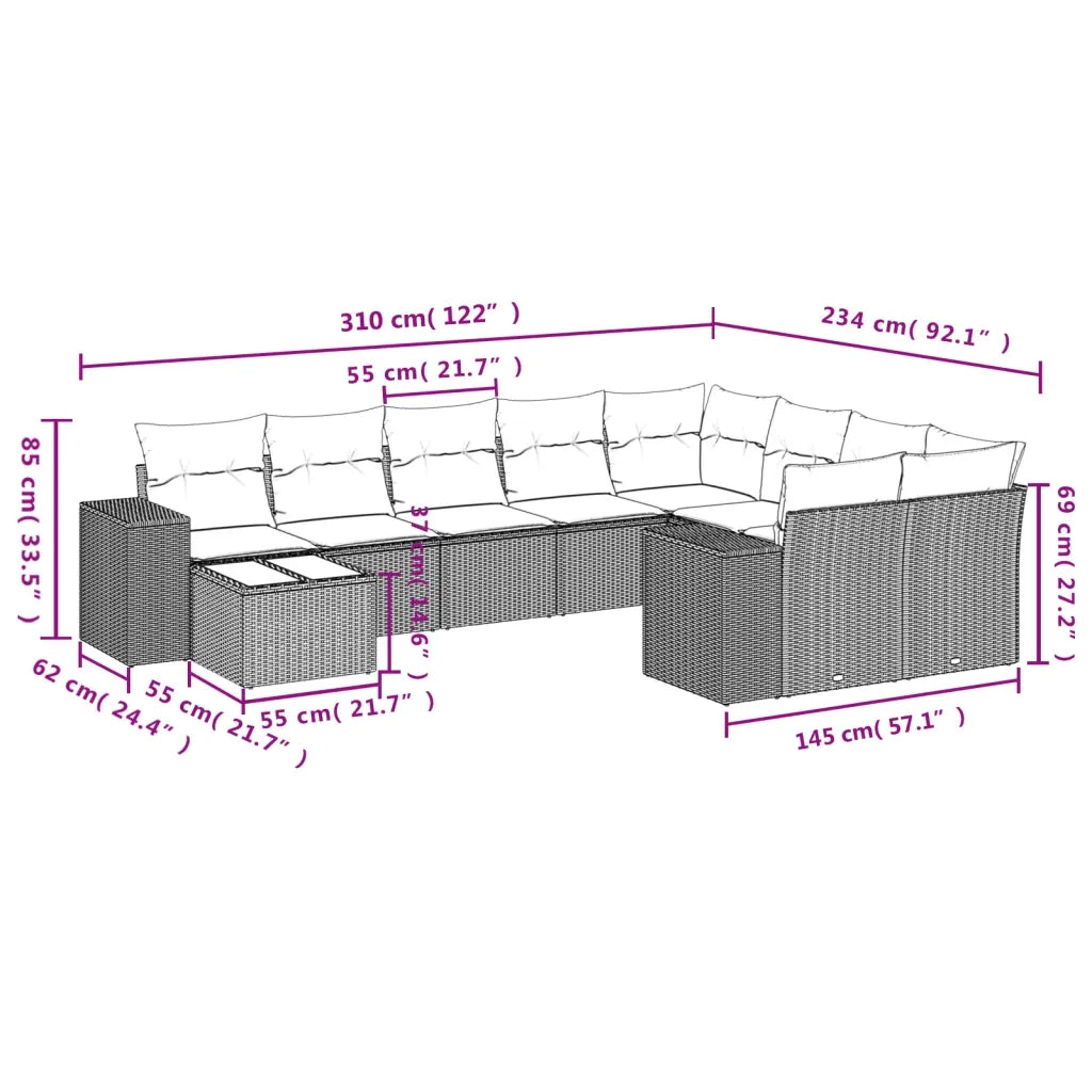 Set Divani da Giardino 10pz con Cuscini in Polyrattan Nero