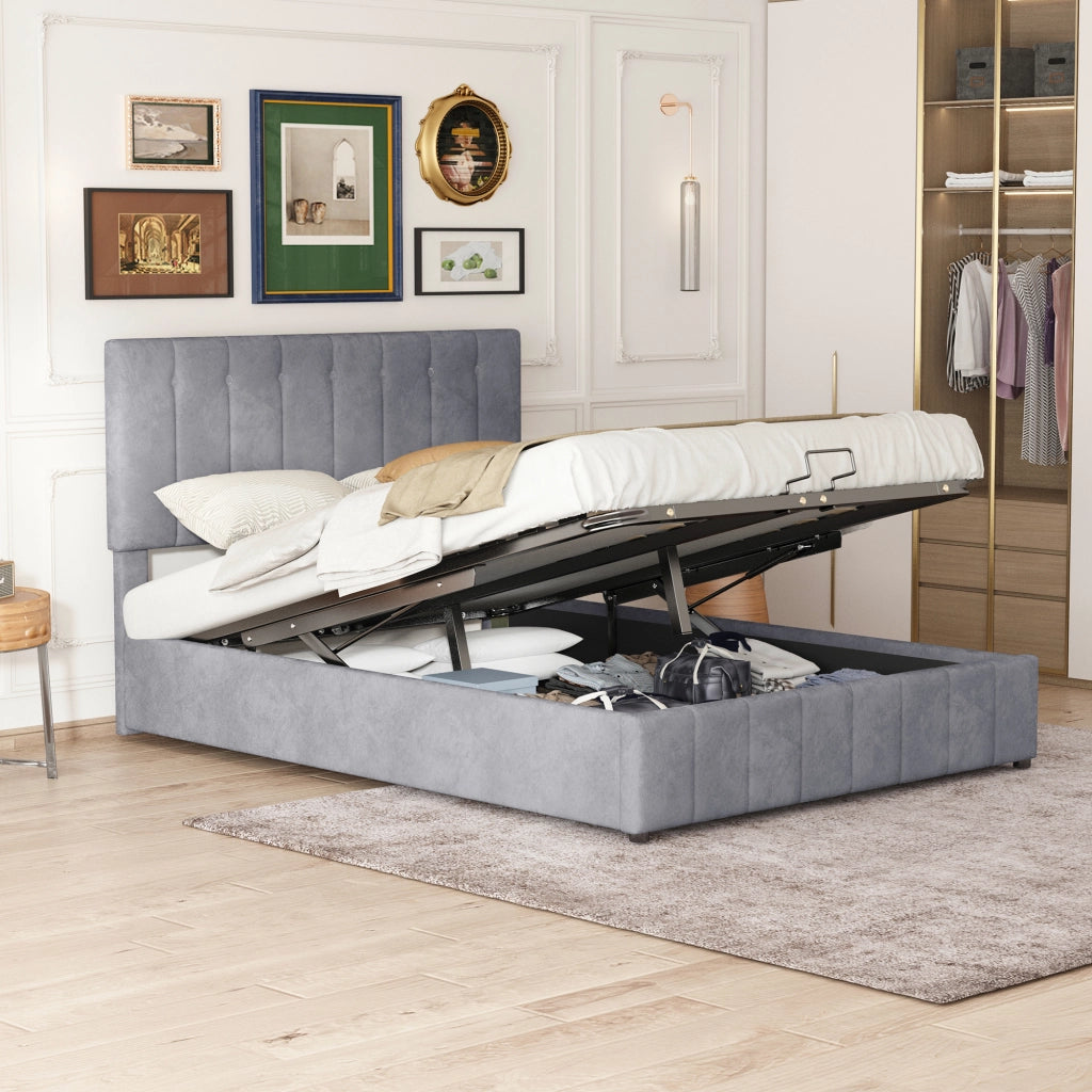DESMIU Letto matrimoniale 140 × 200 cm con contenitore idraulico, 2 posti, senza materasso, in velluto, grigio
