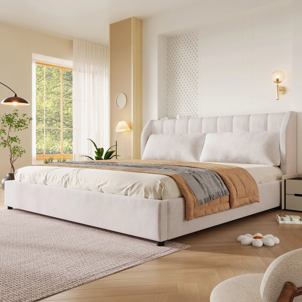 DESMIU Letto matrimoniale 180 × 200 cm 2 posti con testiera imbottita, 2 cuscini, senza materasso, beige