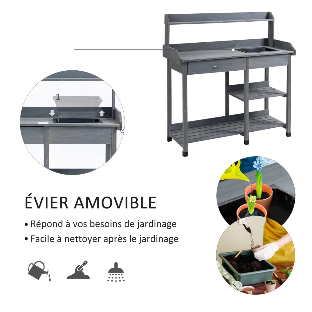 Tavolo da giardino per piante ¨C Xylo ¨C legno di pino grigio con cassetto, 3 ripiani, lavello