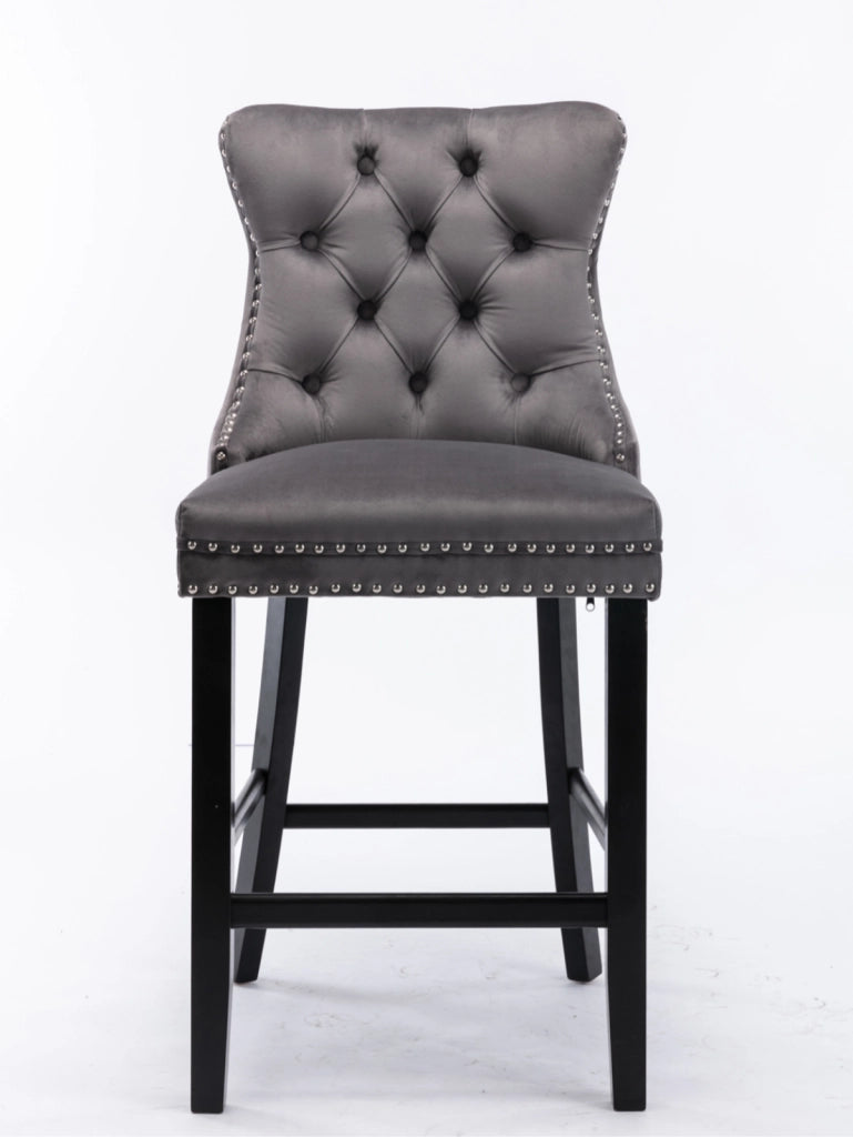 Sgabelli da bar contemporanei imbottiti in velluto con decorazione capitonn¨¦, gambe in legno e finiture con borchie cromate, stile casual, set da 2 (g