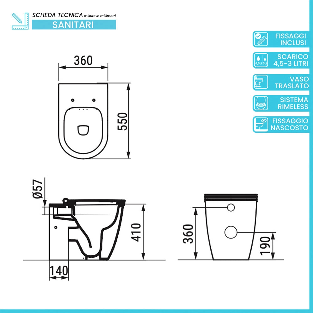 Set sanitari filomuro traslato bianco opaco e sedile soft close di Ceramica Dolomite Mayka
