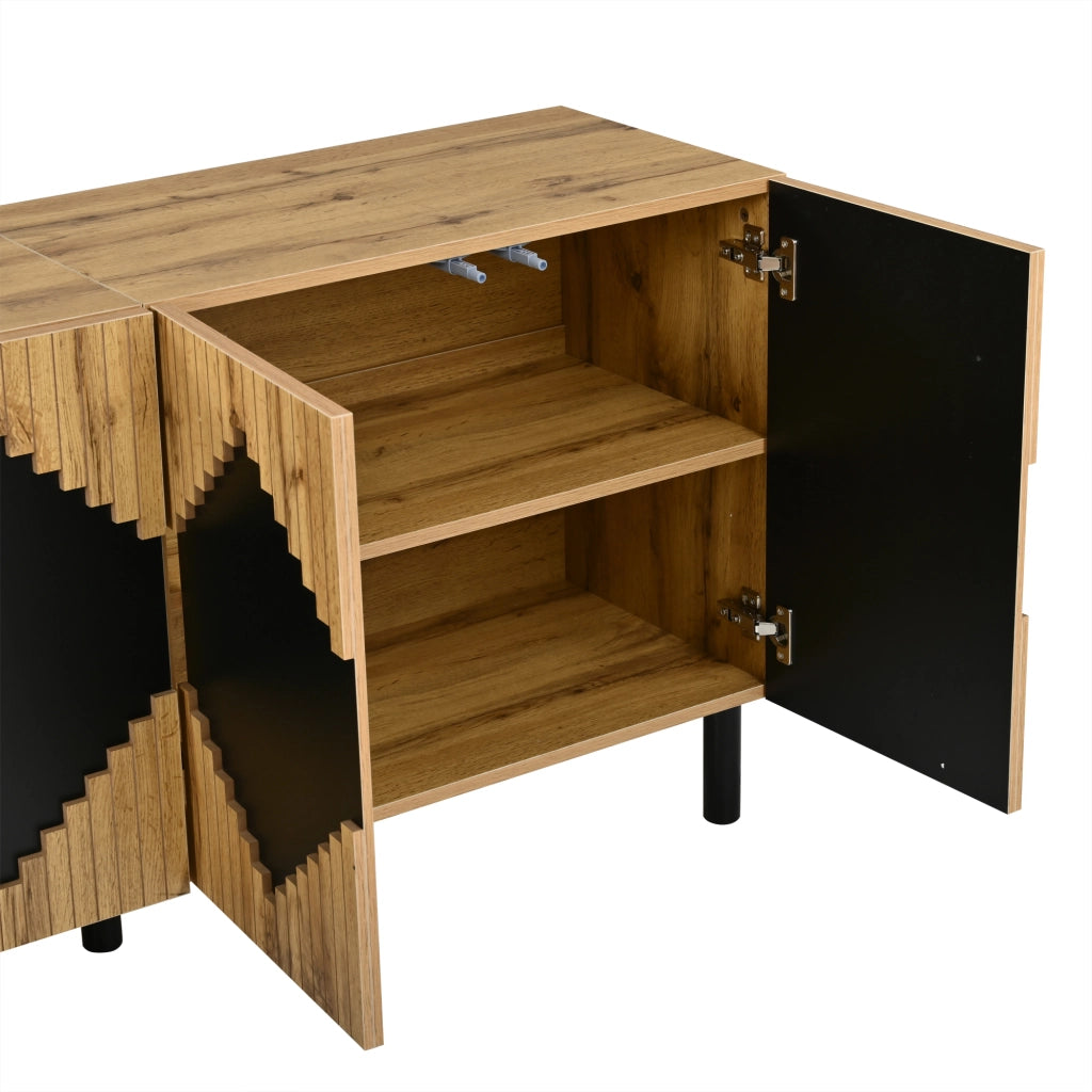 Credenza, mobile da ingresso, motivo a rombi, in truciolato e MDF, ripiani regolabili, colore legno naturale e nero