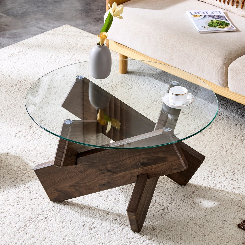 Tavolino rotondo in MDF e vetro multicolore opzionale: gambe di supporto in legno di noce scuro, semplici ed eleganti. Diametro 79 cm, piano in vetro