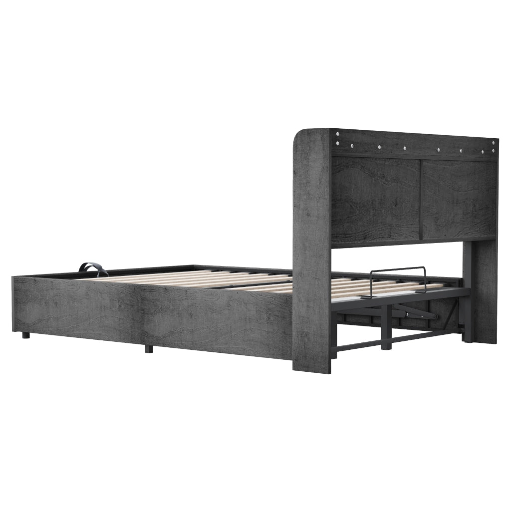 Letto contenitore 180 × 200 cm con sollevamento idraulico, USB e Type-C, ripiani, senza materasso, grigio