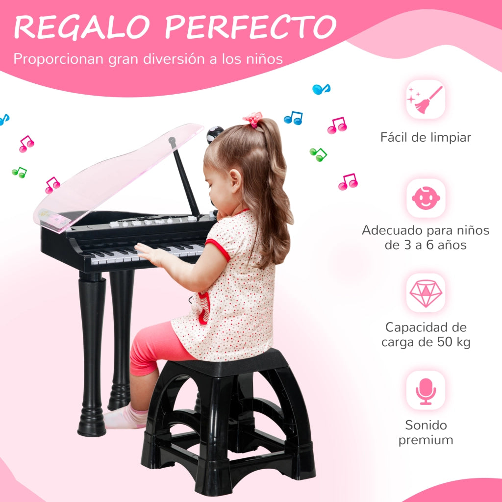 Pianoforte Bambini 32 Tasti con Microfono Sgabello Luci 22 Canzoni ¨C Xylo ¨C Nero 37x30,5x60,4 cm