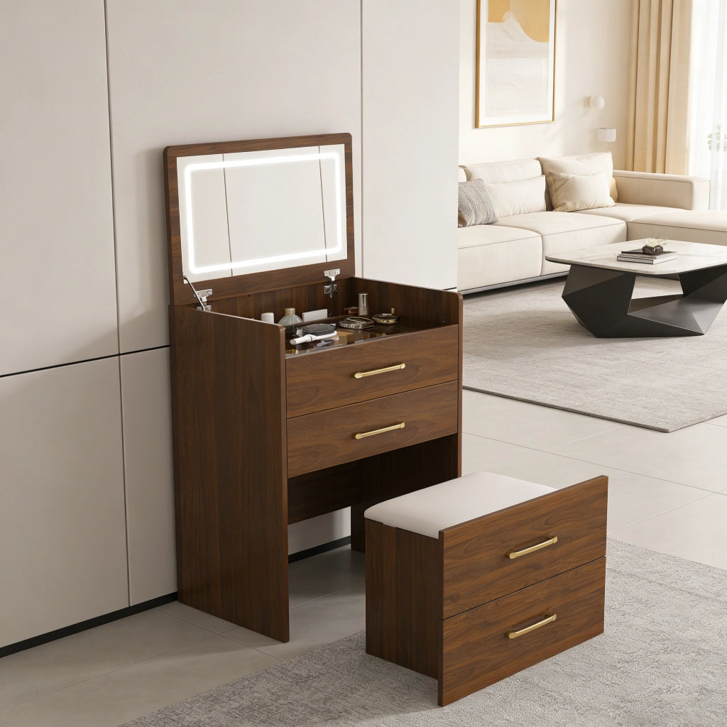 TOELETTIERA 3 in 1 60x118x40 cm Noce in MDF con specchio ribaltabile e sgabello