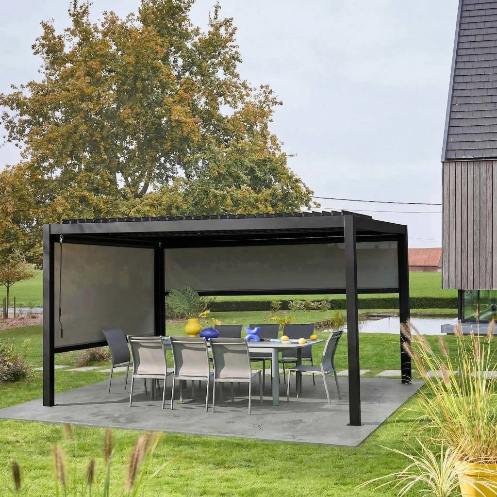 Pergola bioclimatica 3x4m in alluminio e acciaio + 1 tenda 3m + 1