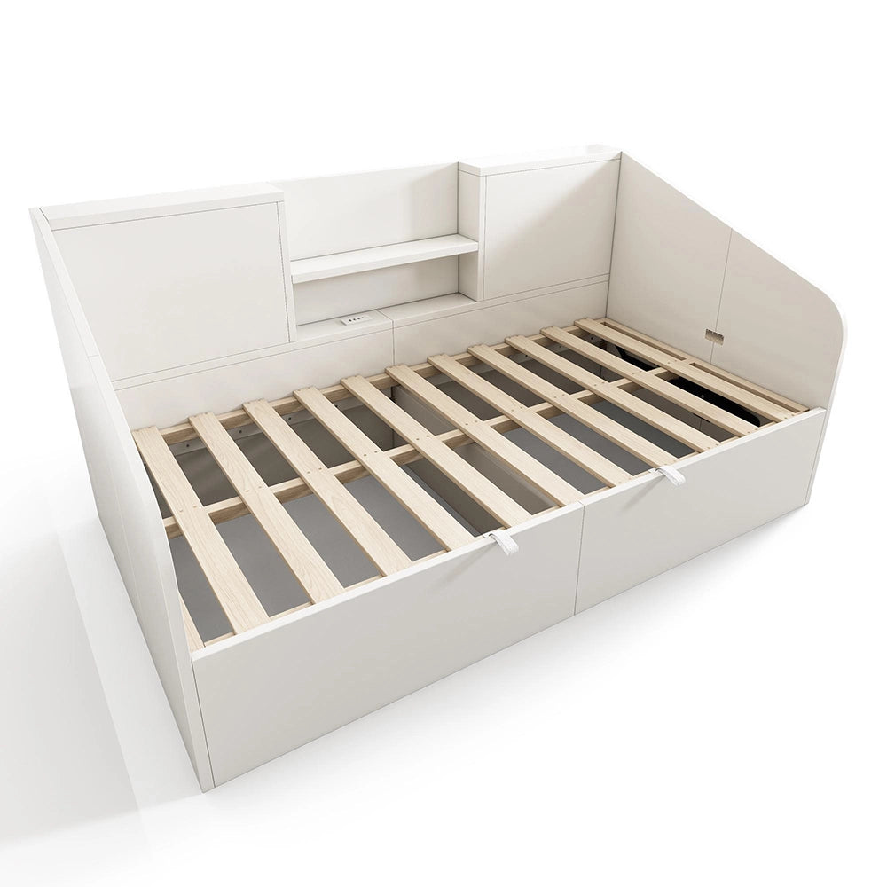 Letto giorno-Xylo-90x200cm legno 2 ripiani USB idraulico bianco senza materasso