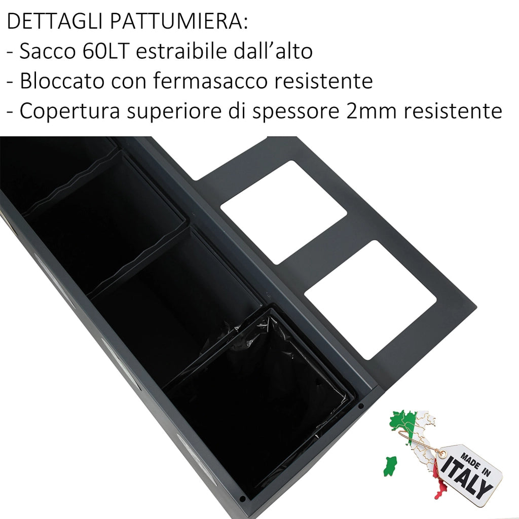 Pattumiera per Raccolta Differenziata 4 Scomparti 240 L 120x30x96 cm in Acciaio Verniciato Bianco