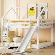 Letto a castello a casetta con scivolo e scala; doghe incluse; pino massello e MDF; bianco; 140x200 cm