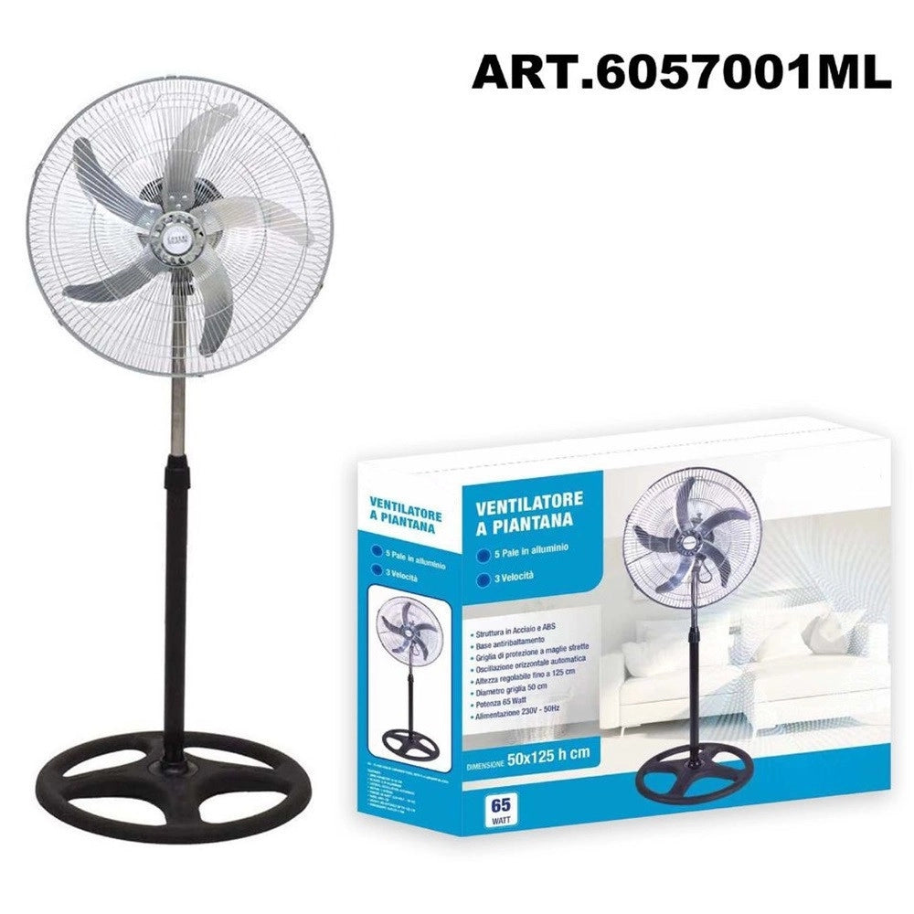 Trade Shop - Ventilatore In Acciaio 65w A Piantana Antiribaltamento Con 5 Pale 3 Velocità 6057001ml -