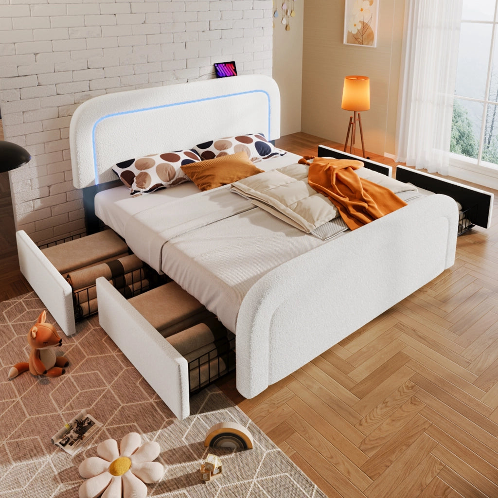 LETTO 160x200 cm Sherpa Bianco con USB Type-C, LED e 4 Cassetti