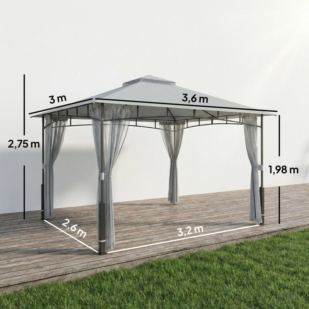 Gazebo da Giardino ¨C Xylo ¨C Doppio Tetto Pareti in Rete UPF50+ Grigio 360x300x275cm