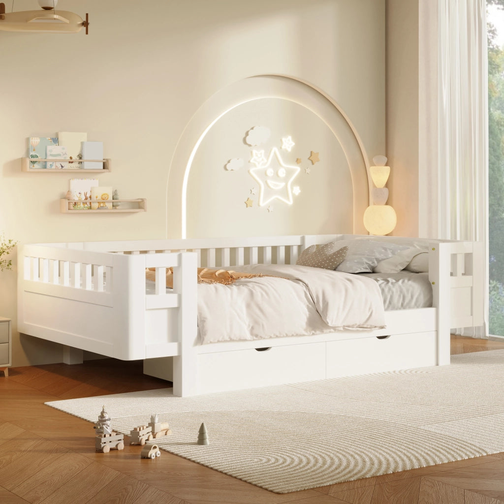 DESMIU Letto per bambini 90 × 200 cm con 2 cassetti e barriera di sicurezza, senza materasso, in legno massello, bianco