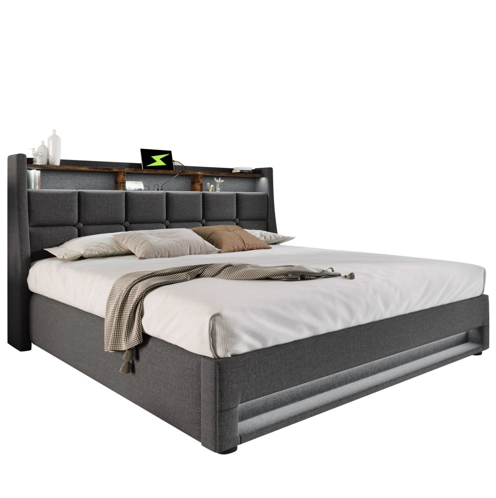 Letto imbottito 180x200 cm con LED, USB e contenitore