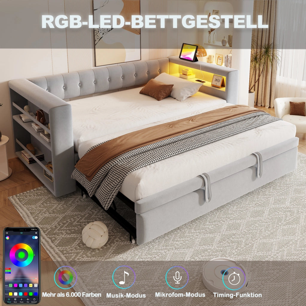 DESMIU Letto singolo 90 × 190 cm e 180 × 190 cm con LED, prese, contenitore, senza materasso, in flanella, grigio chiaro