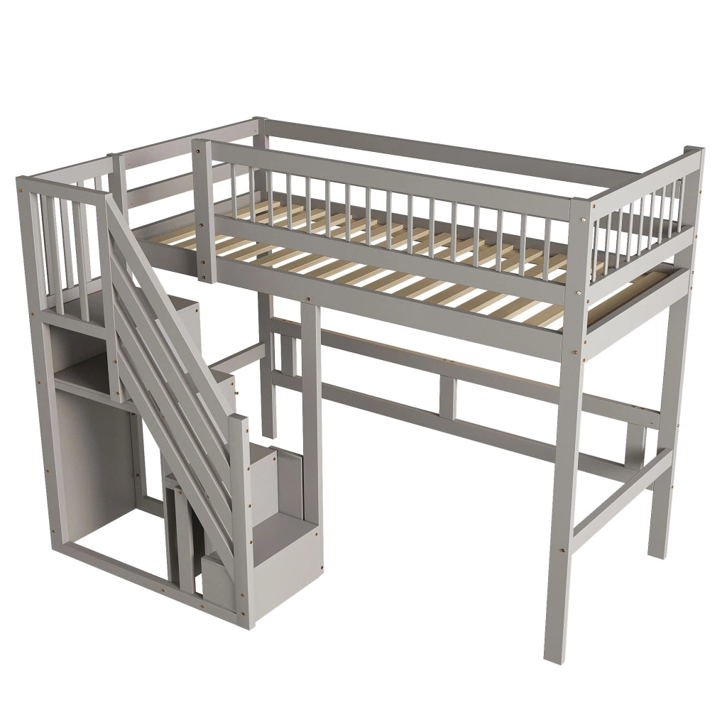 Letto a soppalco in legno massello con scala contenitore e recinzione alta; grigio; 90x200 cm; senza materasso