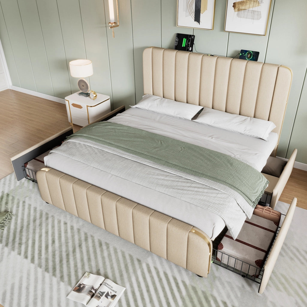 letto imbottito lino beige 140 x 200 cm