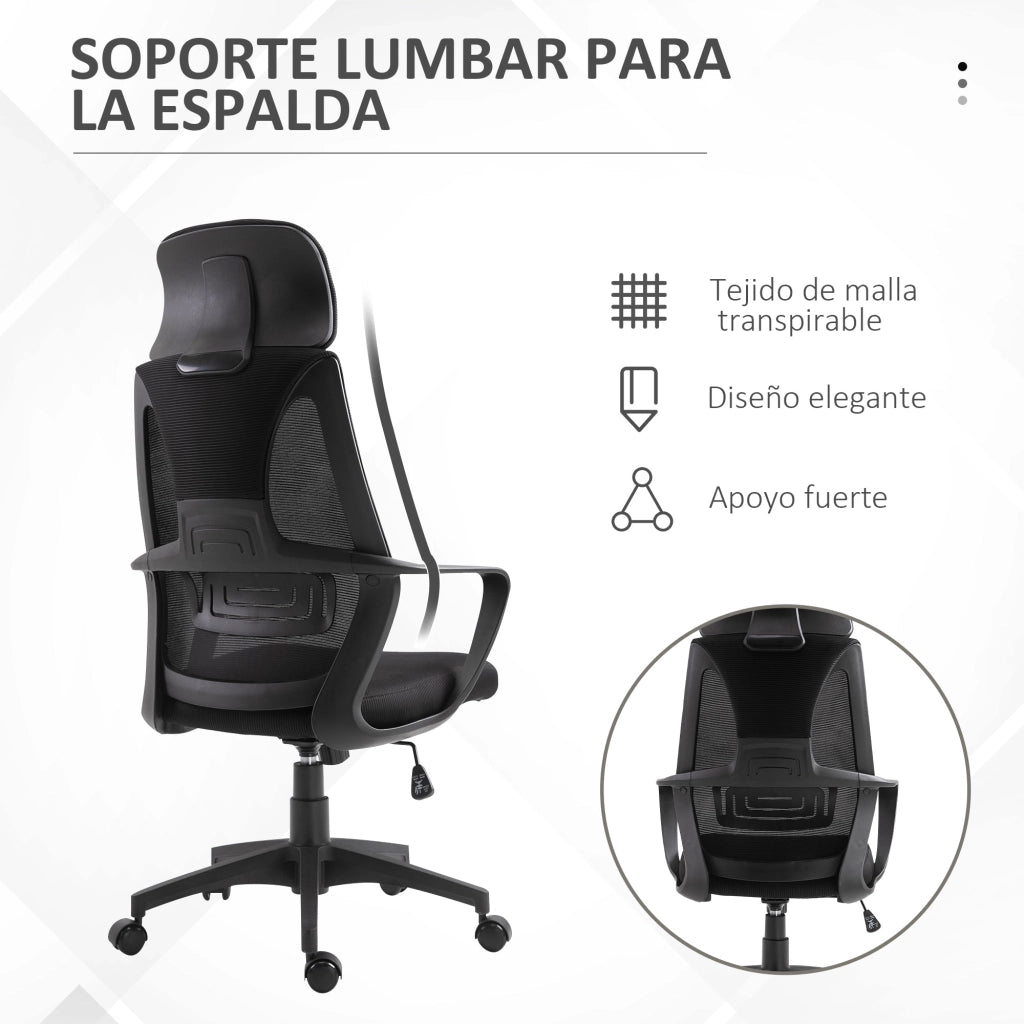 Sedia Operativa da Ufficio Reclinabile con Poggiatesta e Supporto Lombare 64x55x116-126 cm Nero