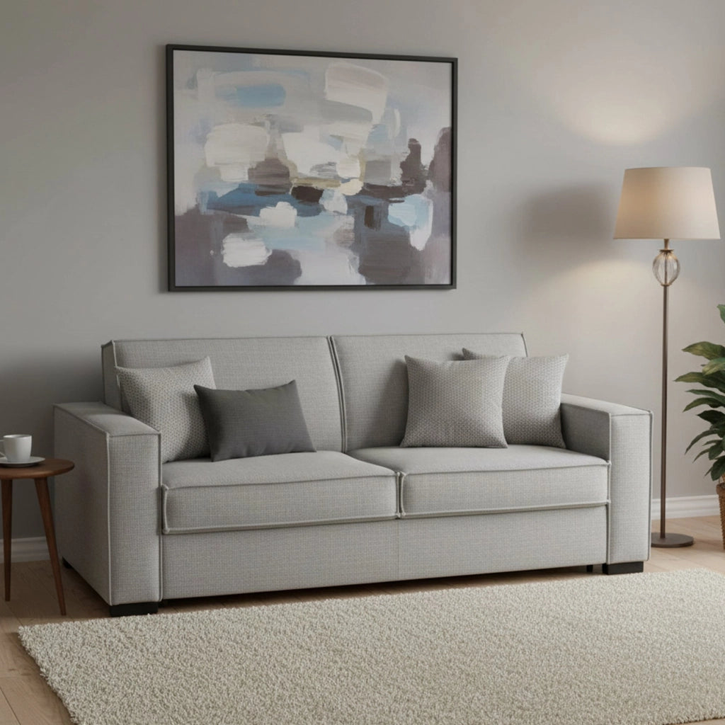 Divano Letto Asteroide, Divano a 3 posti, Made in Italy, Sofà\  Soggiorno con apertura girevole, in tessuto imbottito, con Braccioli standard, cm 220x95h90, Grigio