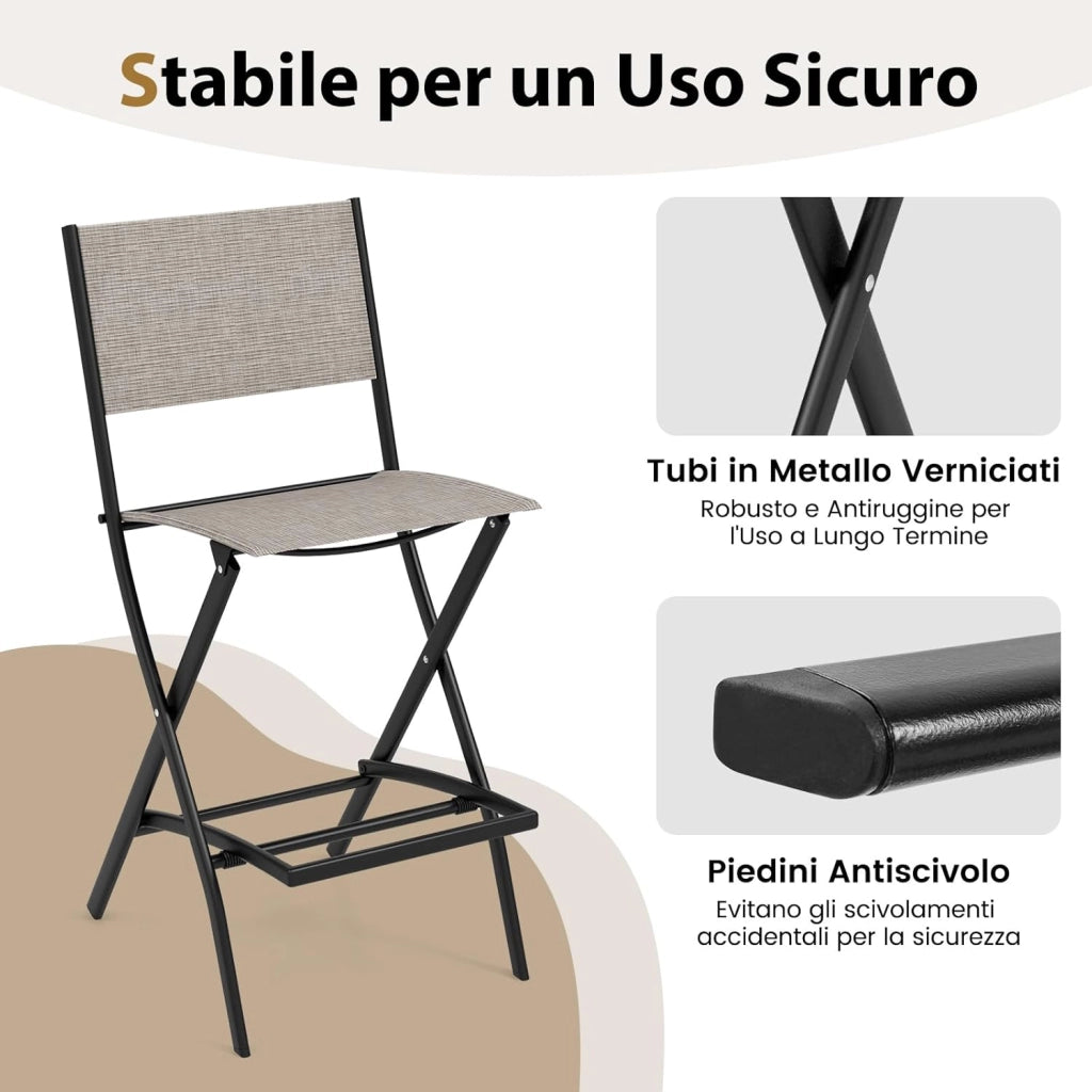 Set di Sgabelli da Bar 2 Pezzi, Sedie Alte e Pieghevoli con Telaio in Metallo e Poggiapiedi, Sedie da Bar per Balcone, Giardino e Piscina (Caffè)