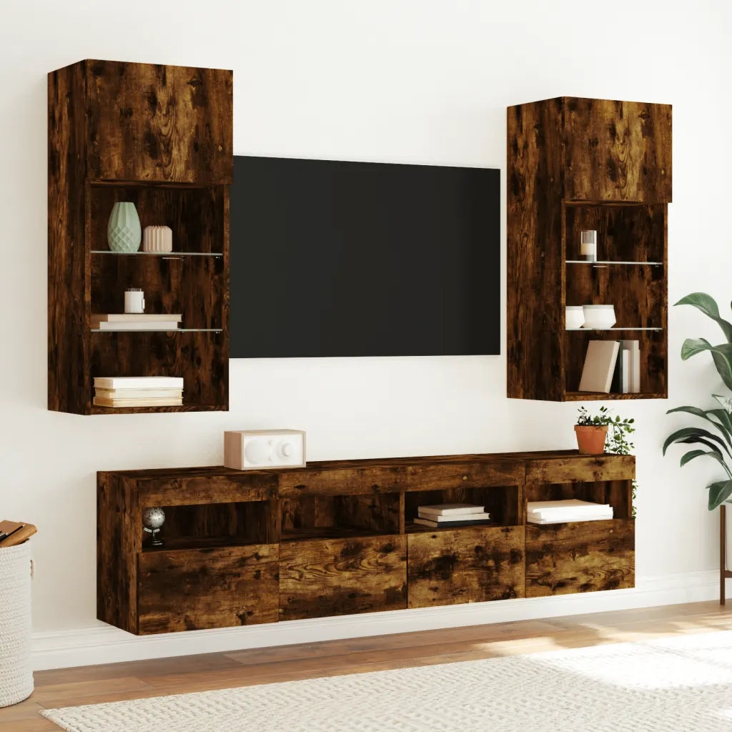 Mobili TV a Parete con Luci LED 2pz | Armadietto TV | Mobile Porta TV Rovere Fumo 40x30x40 cm