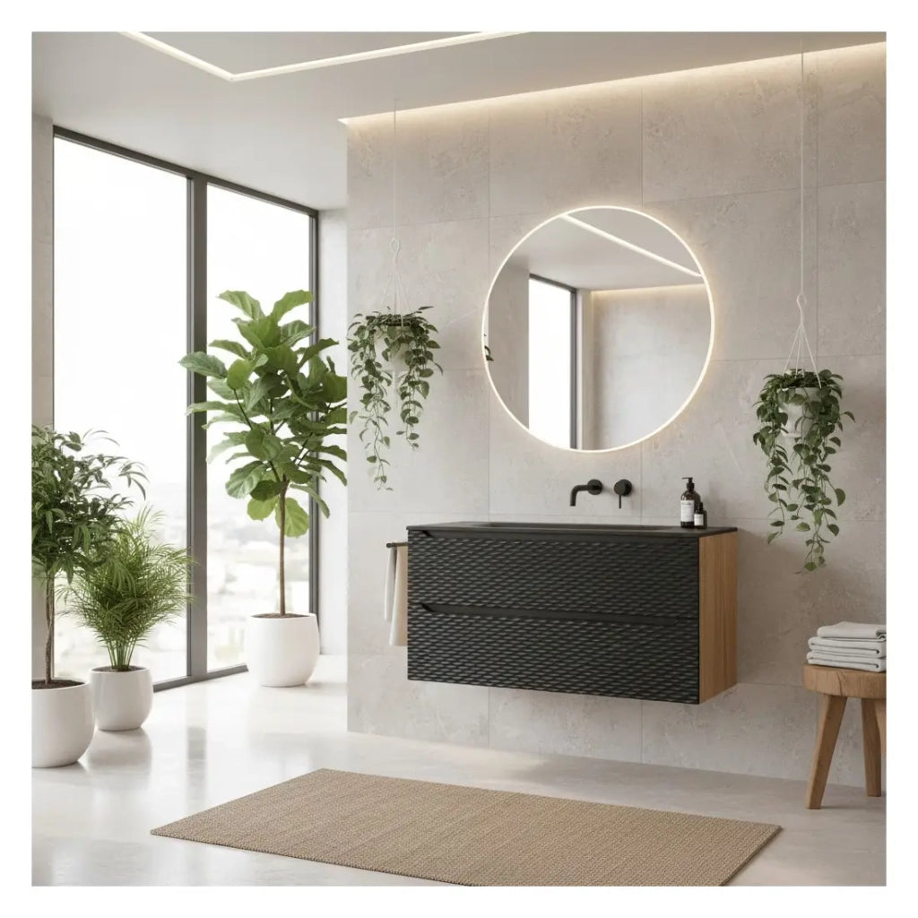 Set da bagno YOKA nero: mobile sottolavabo con cassetti 120 cm + lavabo da incasso nero