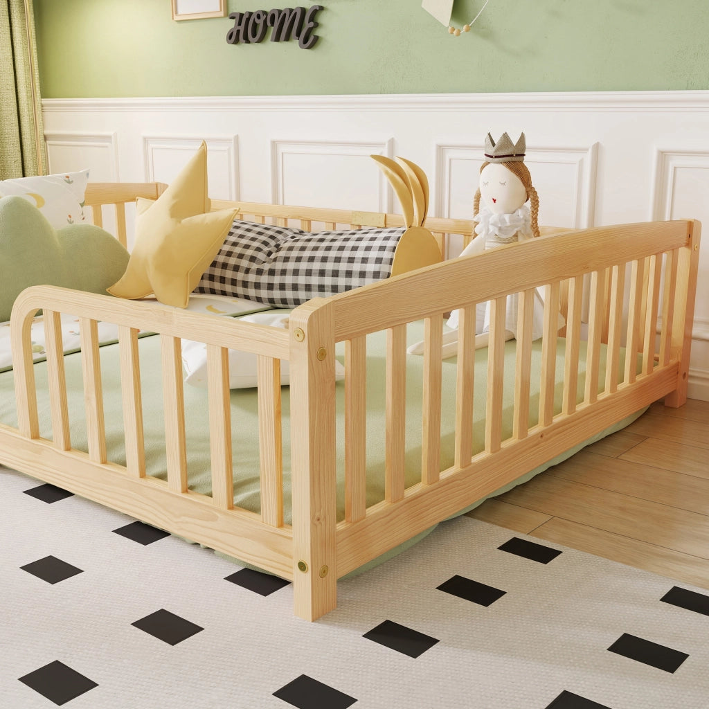 Lettino per bambini 140 x 200 cm, con spondine di sicurezza, senza piastra di base, colore del legno grezzo