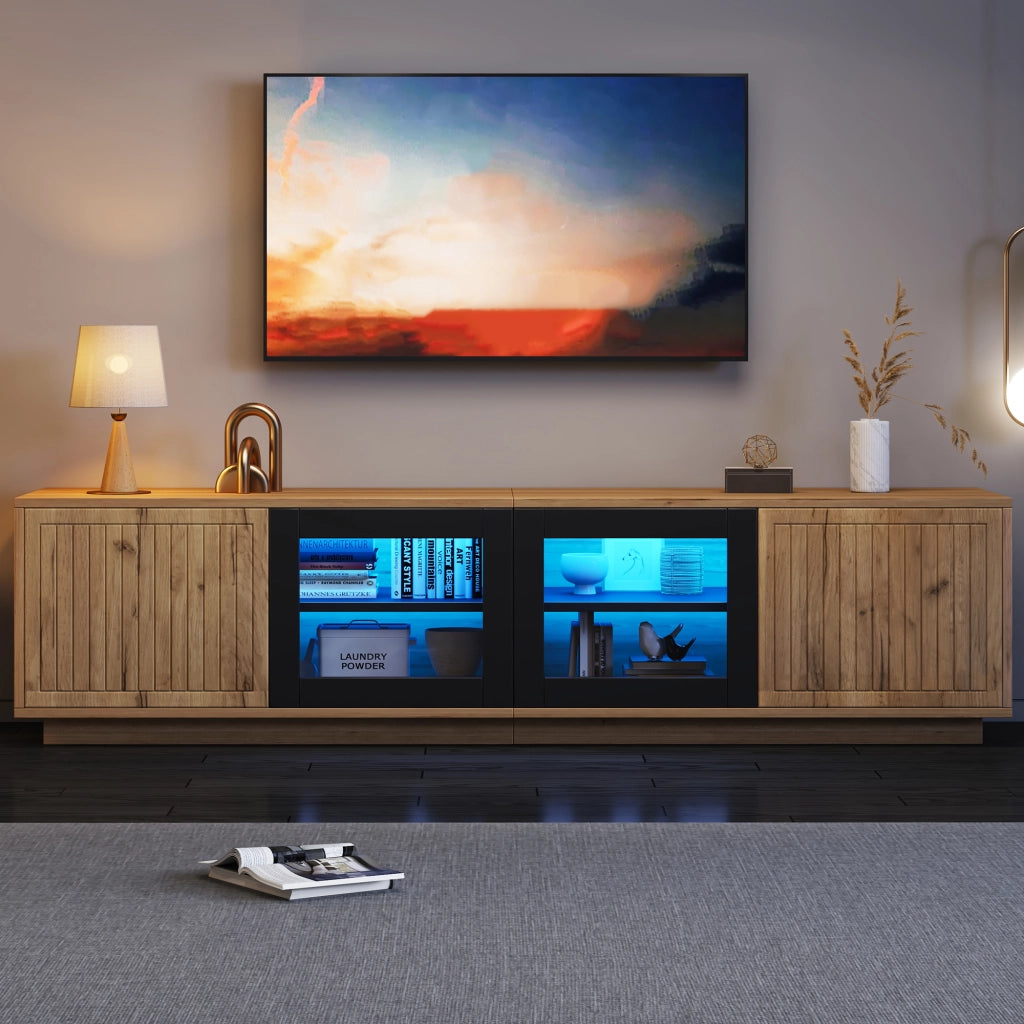 Mobile TV 180 x 40 x 45 cm in pannello truciolare, colore naturale e nero, con ante in vetro temperato e illuminazione LED