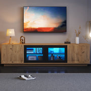 Mobile TV 180 x 40 x 45 cm in pannello truciolare, colore naturale e nero, con ante in vetro temperato e illuminazione LED