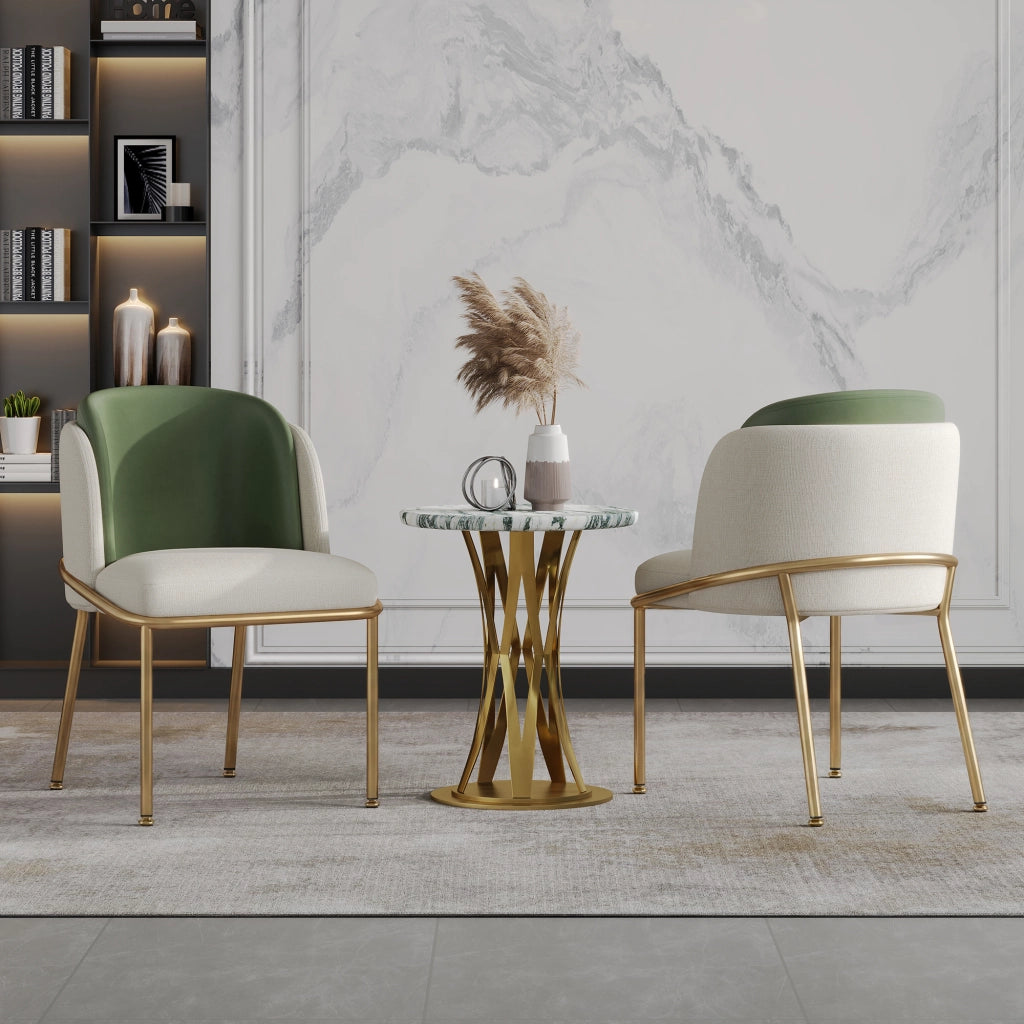 2 sedie da pranzo moderne in stile minimalista con gambe inclinate e piedini regolabili, verde/beige/oro