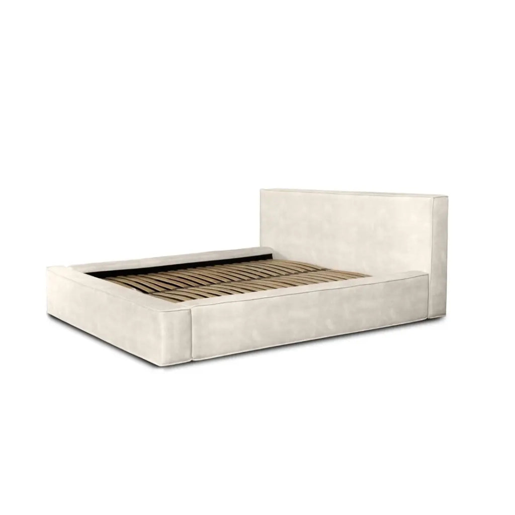 Letto contenitore VELORA – Perla – 140x200 cm – Tessuto velluto morbido – Rete sollevabile – Spazio di stoccaggio integrato
