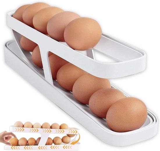 Eierholder per frigorifero - Eierholder per uova sode - 2 livelli di eiettore automatico rotante - Organizzatore per contenitori di uova rotolanti per la cucina - 12-14 uova di stoccaggio .