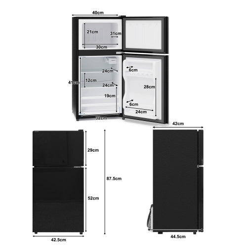 Mini frigorifero con congelatore; indipendente; volume totale 60L; congelatore da 22L; porta in vetro; illuminazione LED; basso rumore; scaffali rimovibili in vetro; nero