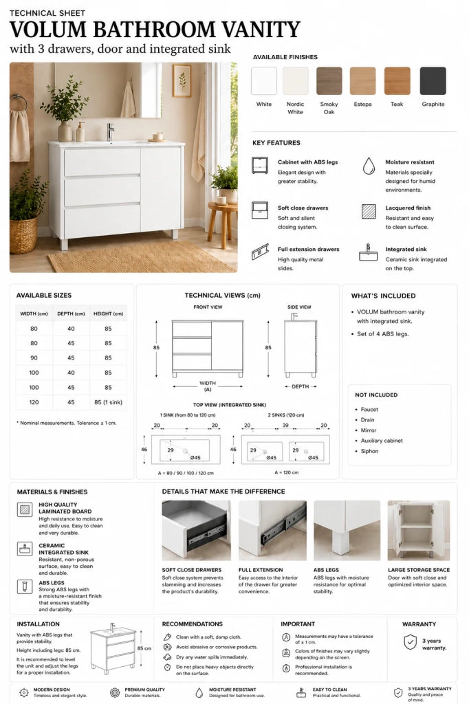 Mobile bagno con 3 cassetti, anta e lavabo ORIGENBATH VOLUM senza specchio 90x45 cm rovere smoky