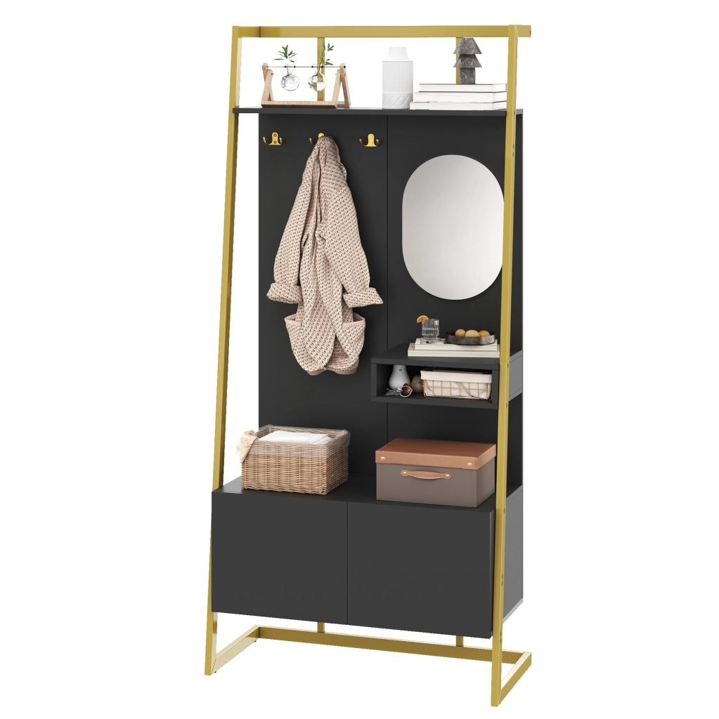 Guardaroba da ingresso 78x38.5x180.5 cm con specchio e vano scarpe nero