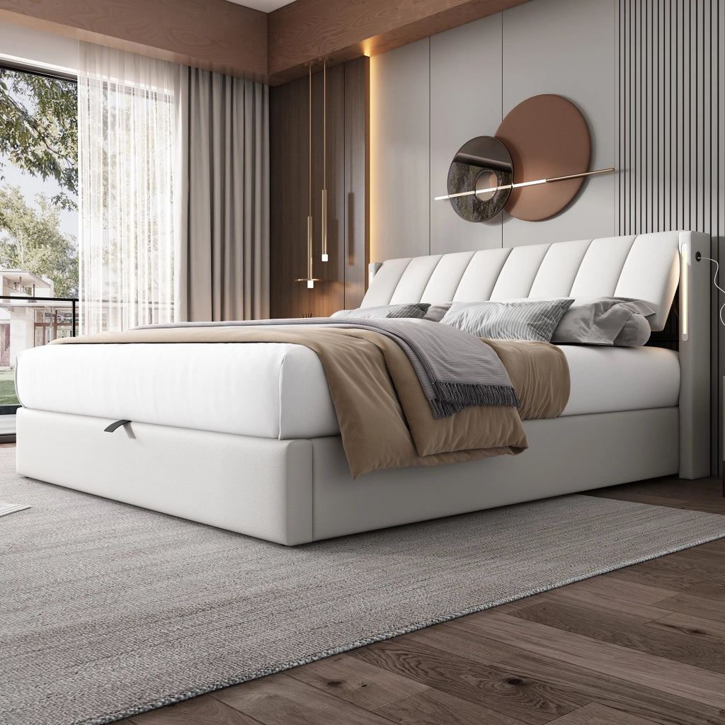 DESMIU Letto contenitore 160 × 200 cm 2 posti con USB, LED, testiera regolabile, senza materasso, in PU bianco