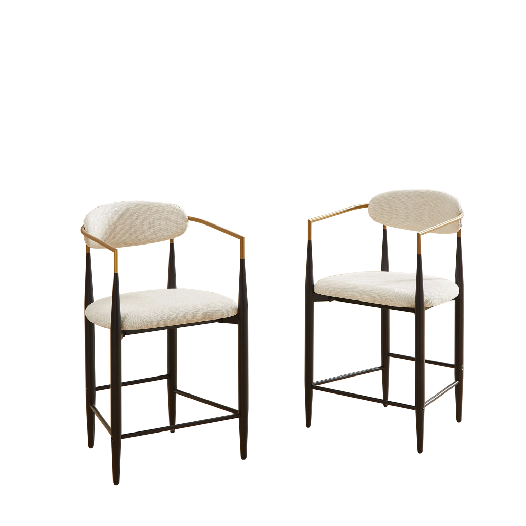Set da 2 sgabelli da bar con braccioli, struttura in metallo nero e seduta in tessuto beige