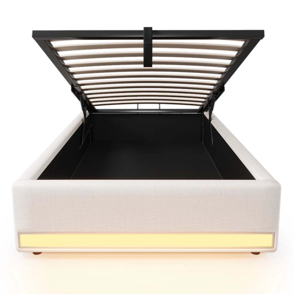 OKWISH Letto Singolo 90×200 cm con LED, USB, Type C e Contenitore, senza Materasso, in Lino, Beige