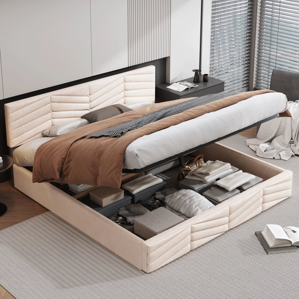 DESMIU Letto Contenitore Letto Matrimoniale con Testiera Regolabile, Vano Idraulico, 160 × 200 cm, senza materasso, Beige