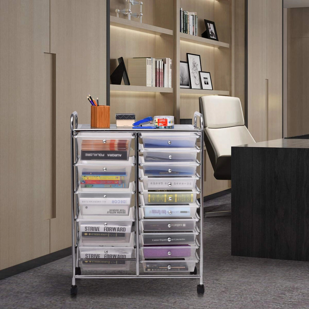 Carrello con 15 Cassetti Impilabili, Carrello di Stoccaggio con Ruote, Carello Portaoggetti per Casa e Ufficio, 62,5 x 37 x 87 cm (Chiara)