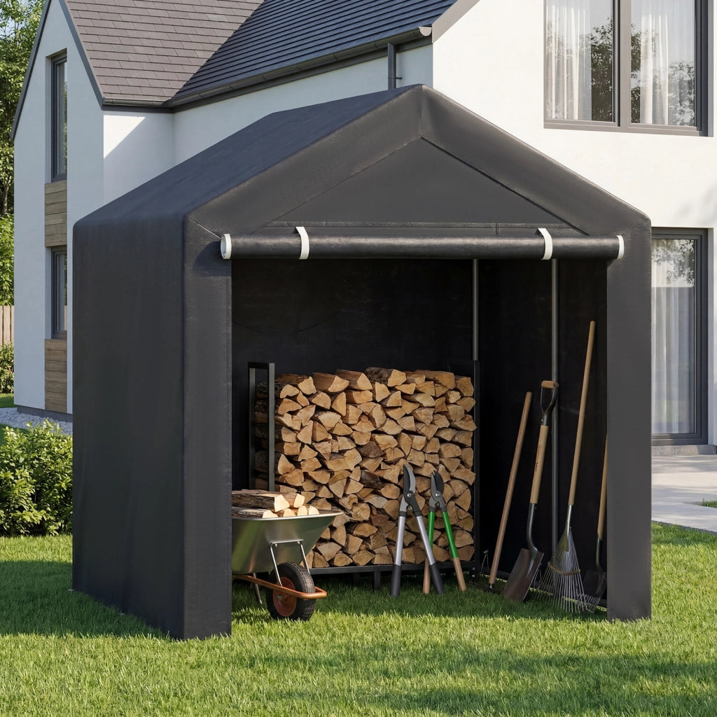 Tenda biciclette da esterno impermeabile con tetto spiovente porta avvolgibile, Capanno porta attrezzi da giardino per moto e legna 220 x 160 x 174 cm